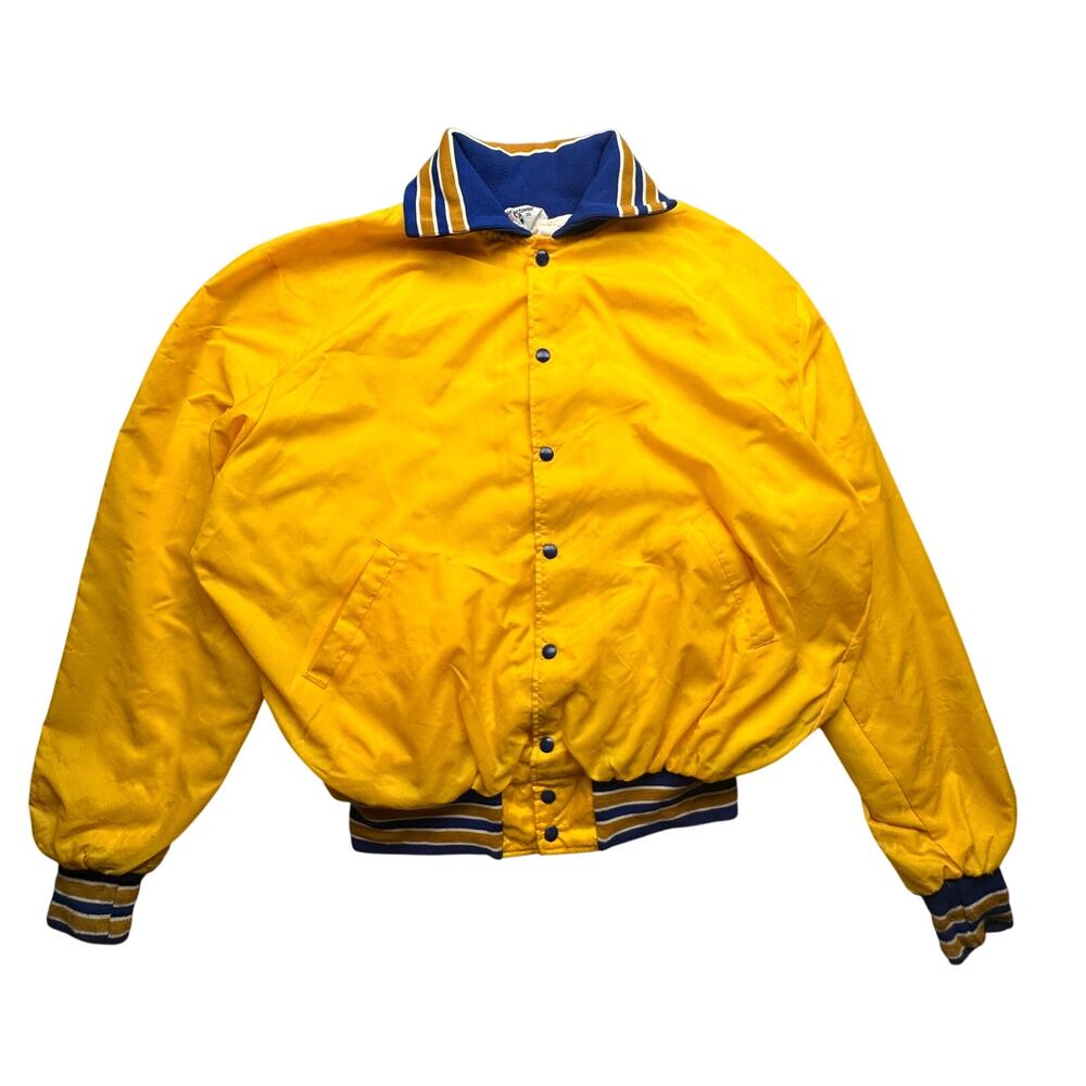 Vintage 80s Leader Sportswear Varsity Jacket Snap Polyester Mens XXL Blue Yellow